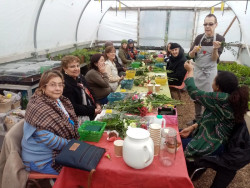 Floral basket workshop at the Calthorpe Project in their polytunnel . London